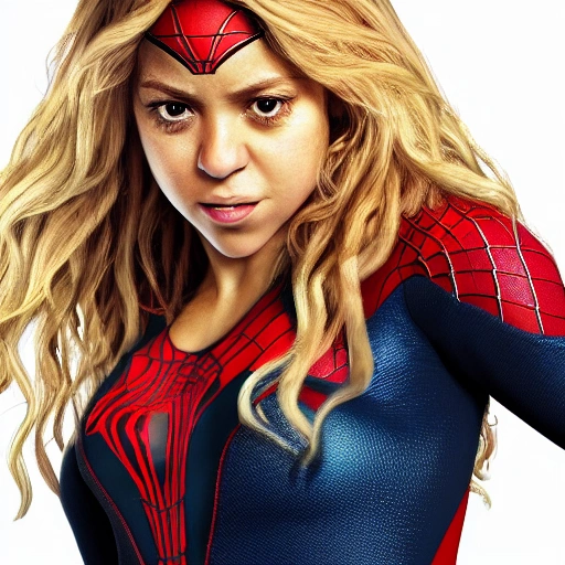 Shakira as spider-woman. ((Simetric face)) , (perfect face) , wallpaper, high definition, ultra realistic, hyperrealism, focus camera, fog camera, 8k.