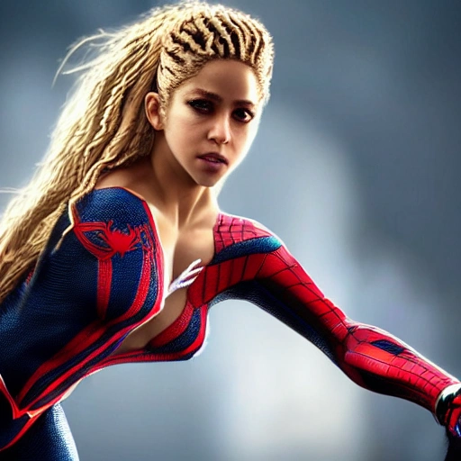 Shakira as spider-woman. ((Simetric face)) , (perfect face) , wallpaper, high definition, ultra realistic, hyperrealism, focus camera, fog camera, 8k.