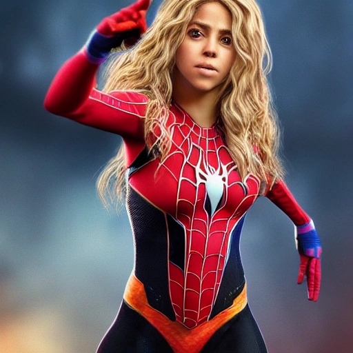 Shakira as spider-woman. ((Simetric face)) , (perfect face) , wallpaper, high definition, ultra realistic, hyperrealism, focus camera, fog camera, 8k.