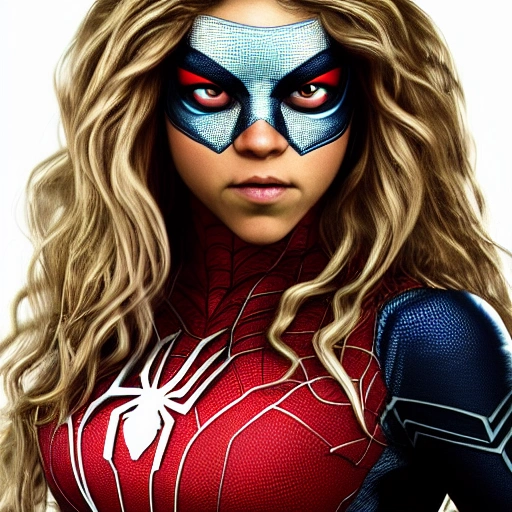 Shakira as spider-woman. ((Simetric face)) , (perfect face) , wallpaper, high definition, ultra realistic, hyperrealism, focus camera, fog camera, 8k.