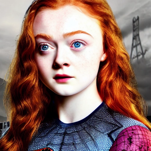 Sadie Sink as spider-woman. ((Simetric face)) , (perfect face) , wallpaper, high definition, ultra realistic, hyperrealism, focus camera, fog camera, 8k.