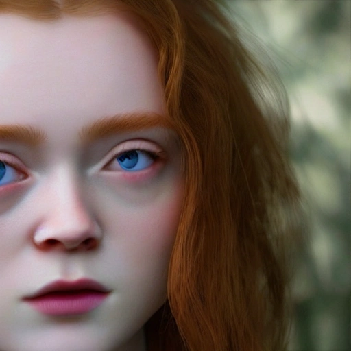 Sadie Sink as adult woman. ((Simetric face)) , (perfect face) , wallpaper, high definition, ultra realistic, hyperrealism, focus camera, fog camera, 8k.