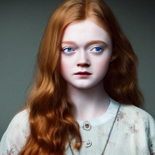 Sadie Sink as adult woman. ((Simetric face)) , (perfect face) , wallpaper, high definition, ultra realistic, hyperrealism, focus camera, fog camera, 8k.