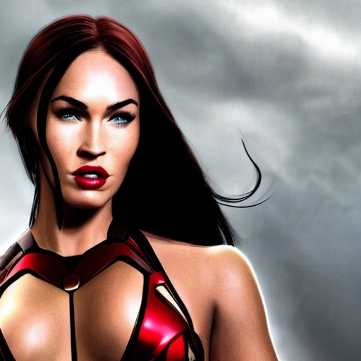 Megan Fox as Iron-man version. ((Simetric face)) , (perfect face) , wallpaper, high definition, ultra realistic, hyperrealism, focus camera, fog camera, 8k.