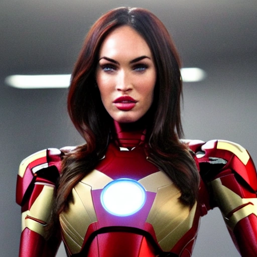 Megan Fox as Iron-man version. ((Simetric face)) , (perfect face) , wallpaper, high definition, ultra realistic, hyperrealism, focus camera, fog camera, 8k.