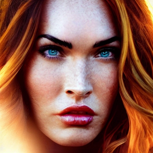 Megan Fox as Iron-man version. ((Simetric face)) , (perfect face) , wallpaper, high definition, ultra realistic, hyperrealism, focus camera, fog camera, 8k.