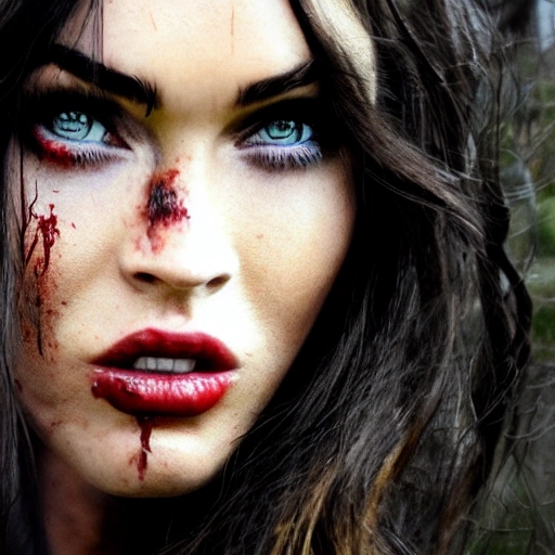 Megan Fox as zombie version. ((Simetric face)) , (perfect face) , wallpaper, high definition, ultra realistic, hyperrealism, focus camera, fog camera, 8k.