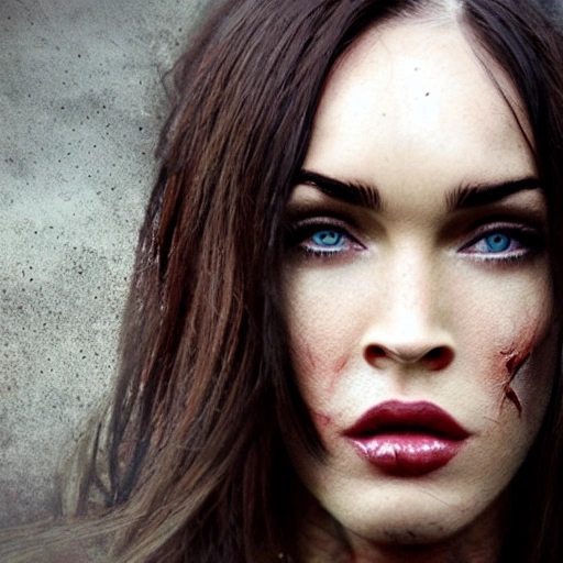 Megan Fox as zombie version. ((Simetric face)) , (perfect face) , wallpaper, high definition, ultra realistic, hyperrealism, focus camera, fog camera, 8k.