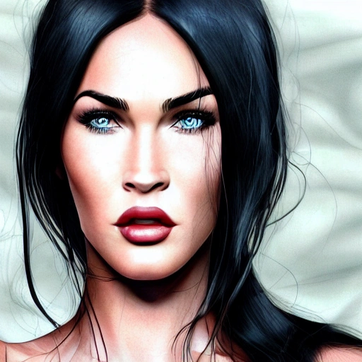 Megan Fox as cartoon version. ((Simetric face)) , (perfect face) , wallpaper, high definition, ultra realistic, hyperrealism, focus camera, fog camera, 8k.