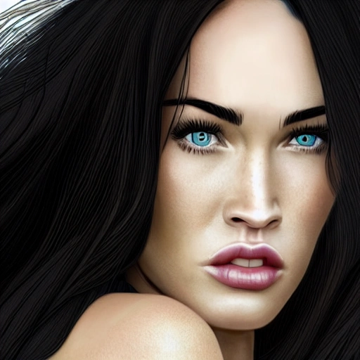 Megan Fox as cartoon version. ((Simetric face)) , (perfect face) , wallpaper, high definition, ultra realistic, hyperrealism, focus camera, fog camera, 8k.