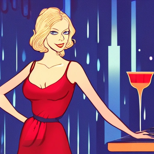 blonde woman blue eyes wearing a long flowing red dress, requesting a cocktail at a bar, on new years eve, while sweating, in a bladerunner dystopian future