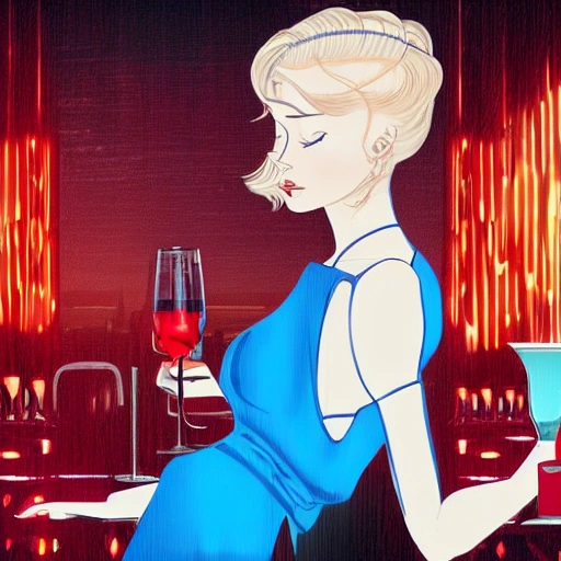 blonde woman blue eyes wearing a long flowing red dress, requesting a cocktail at a bar, on new years eve, sweating, in a bladerunner dystopian future