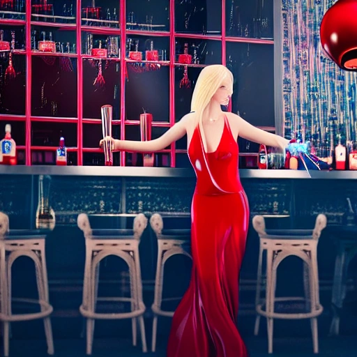 blonde woman blue eyes wearing a long flowing red dress, requesting a cocktail at a bar, on new years eve, in a bladerunner dystopian future, 3D, Detailed, Render, CGI