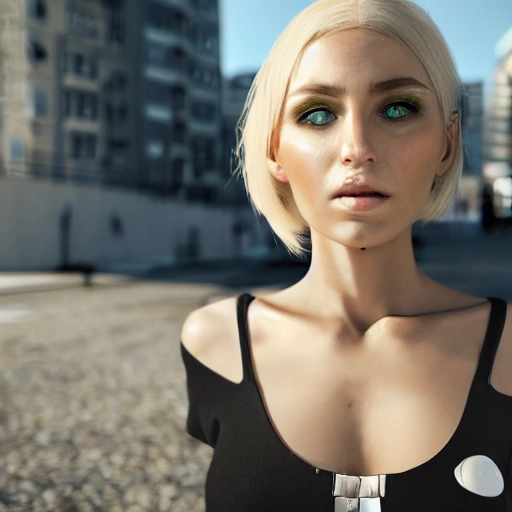 blonde woman green eyes wearing tight white shirt with long healthy black hair sweating under the sun, detailed, full face, HDR, CGI, with dystopian future style, 8K