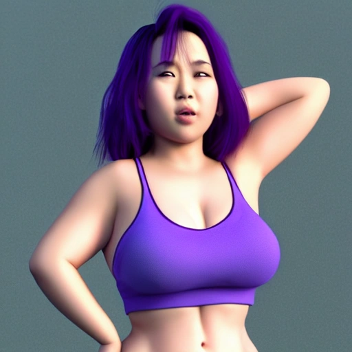 Asian women with curvy body with long purple hair wearing white tanktop and her tanktop drenched with sweat and revealing her body, detailed, 3D, CGI, Rendered, Fine art, HDR, 4K