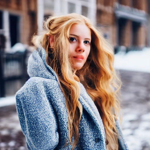 professional portrait photograph of a gorgeous Norwegian girl in spring clothing with long wavy blonde hair, ((sultry flirty look)), freckles, beautiful symmetrical face, cute natural makeup, ((standing outside in snowy city street)), stunning modern urban upscale environment, ultra realistic, concept art, elegant, highly detailed, intricate, sharp focus, depth of field, f/1.8, 85mm, medium shot, mid shot, (centered image composition), (professionally color graded), ((bright soft diffused light)), volumetric fog, trending on instagram, trending on tumblr, hdr, 8k