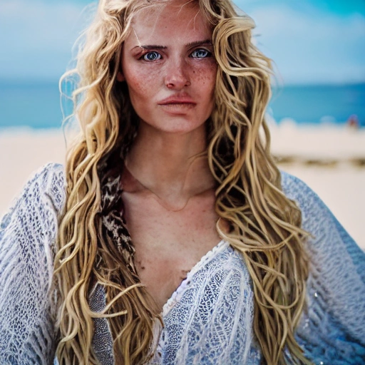 professional portrait photograph of a gorgeous Norwegian girl in Beach clothes with long wavy blonde hair, ((sultry flirty look)), freckles, beautiful symmetrical face, cute natural makeup, ((standing outside in sunny beach)), stunning modern urban upscale environment, ultra realistic, concept art, elegant, highly detailed, intricate, sharp focus, depth of field, f/1.8, 85mm, medium shot, mid shot, (centered image composition), (professionally color graded), ((bright soft diffused light)), volumetric fog, trending on instagram, trending on tumblr, hdr, 8k,, 3D