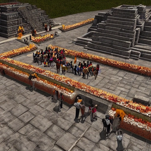 Hyper realistic 4D model, unreal engine, Eye level view of an Aztec Temple with people dressed in traditional clothing performing a ritual at noon while sunny, in autumn.