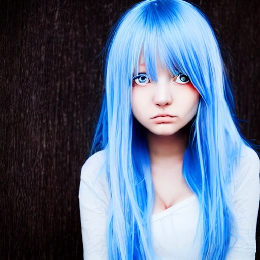 Beautiful anime girl with long light blue hair，red eyes,a cold expression, Cartoon