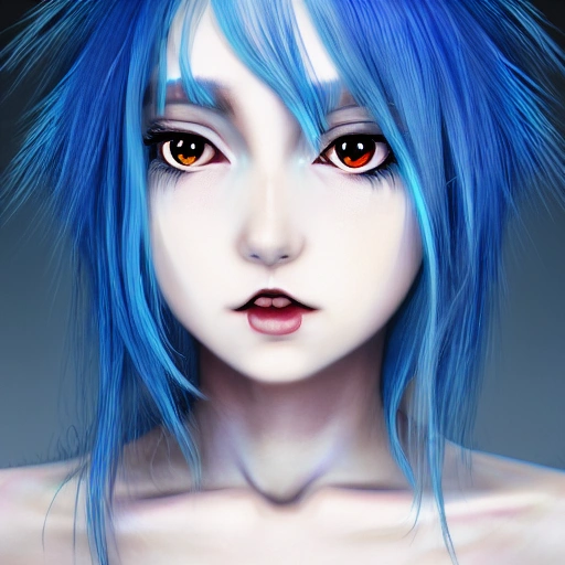 anime girl ,long light bluehair,cold,expression,long beautiful flowing ink like hair, smoky makeup, shining eyes, red eyes, beautiful perfect symmetrical face, extremely detailed, melancholy expression, ultra hd, 8k, anime style, dramatic lighting, studio Portrait Lighting, illuminated face, 85mm, volumetric lighting, ray tracing reflections