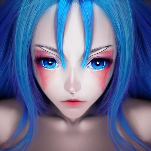 anime girl ,long light bluehair,a cold expression,shining eyes,red eyes, beautiful perfect symmetrical face, extremely detailed,  ultra hd, 8k, anime style, dramatic lighting, studio Portrait Lighting, illuminated face,volumetric lighting, ray tracing reflections