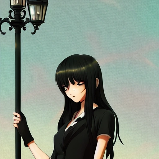 pretty girl face, long black hair, tall skinny full body, standing under lamppost, detailed, Anime, Glamor Shot, Beautiful Lighting, Artstation