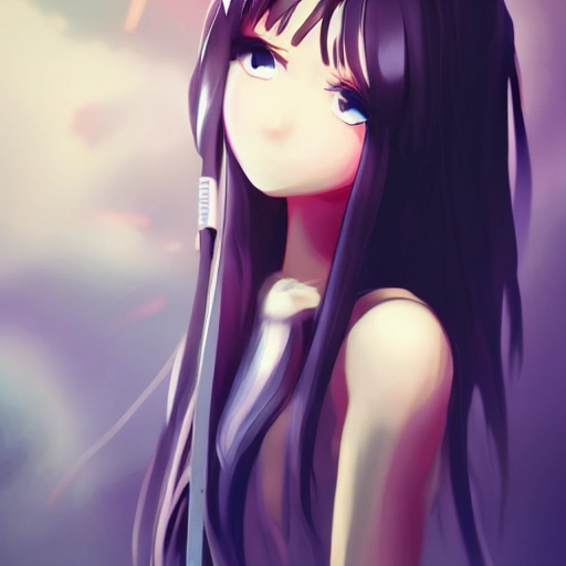 pretty girl face, long black hair, tall skinny full body, standing under lamppost, detailed, Anime, Glamor Shot, Beautiful Lighting, Artstation