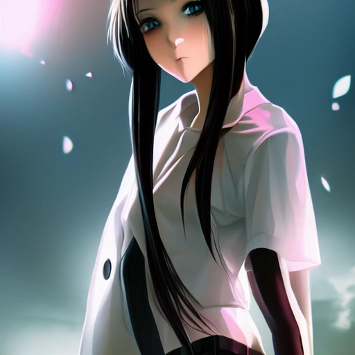 pretty girl face, long black hair, tall skinny full body, standing under lamppost, detailed, Anime, Glamor Shot, Beautiful Lighting, Artstation