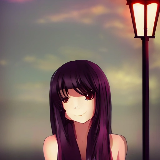 pretty girl face, long black hair, tall skinny full body, standing under lamppost, detailed, Anime, Glamor Shot, Beautiful Lighting,