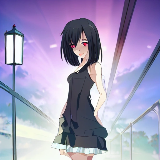 pretty girl face, long black hair, tall skinny full body, standing under lamppost, detailed, Anime, Glamor Shot, Beautiful Lighting,