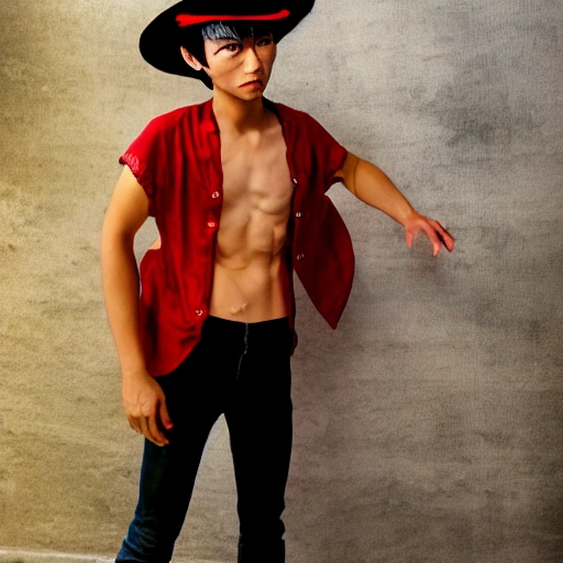 Cosplayer as Monkey D Luffy. high definition, ((Simetric face)) , ultra realistic, hyperrealism, focus camera, fog camera, 8k, wallpaper