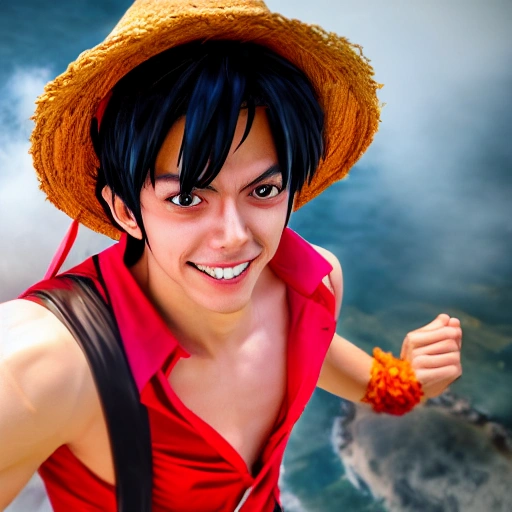 Cosplayer as Monkey D Luffy. high definition, ((Simetric face)) , ultra realistic, hyperrealism, focus camera, fog camera, 8k, wallpaper, HDR. 