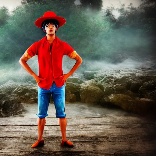 Cosplayer as Monkey D Luffy. high definition, ((Simetric face)) , ultra realistic, hyperrealism, focus camera, fog camera, 8k, wallpaper, HDR. 