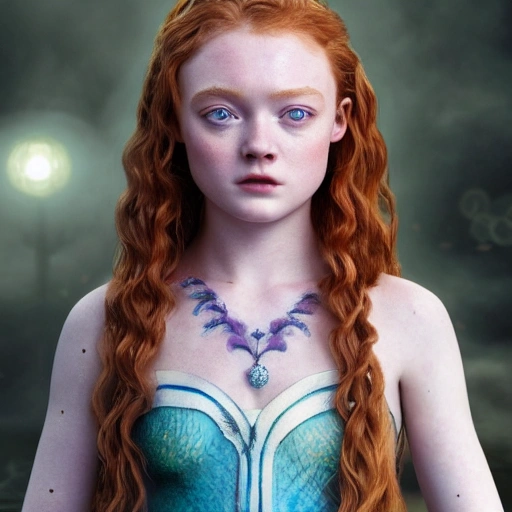 Sadie Sink as a sirena 🧜‍♀️ . high definition, ((Simetric face)) , ultra realistic, hyperrealism, focus camera, fog camera, 8k, wallpaper, HDR. 