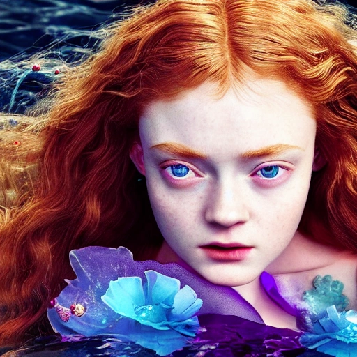 Sadie Sink as a sirena 🧜‍♀️ . high definition, ((Simetric face)) , ultra realistic, hyperrealism, focus camera, fog camera, 8k, wallpaper, HDR. 