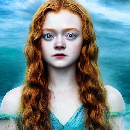 Sadie Sink as a sirena 🧜‍♀️ . high definition, ((Simetric face)) , ultra realistic, hyperrealism, focus camera, fog camera, 8k, wallpaper, HDR. 