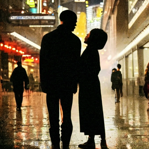 Black man kissing an Asian woman in the middle of a dystopian future city as night in the rain 35mm high-quality image
