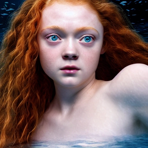 Sadie Sink as a sirena 🧜‍♀️, under water. high definition, ((Simetric face)) , ultra realistic, hyperrealism, focus camera, fog camera, 8k, wallpaper, HDR. 