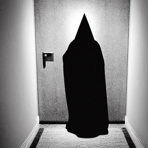 dark figure wearing robes and a pyramid hat standing the doorway of a dark bedroom

