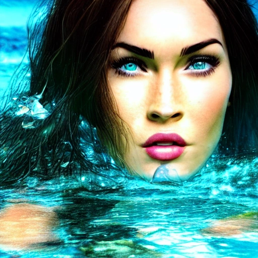 Megan Fox as a sirena 🧜‍♀️, under water. high definition, ((Simetric face)) , ultra realistic, hyperrealism, focus camera, fog camera, 8k, wallpaper, HDR. 