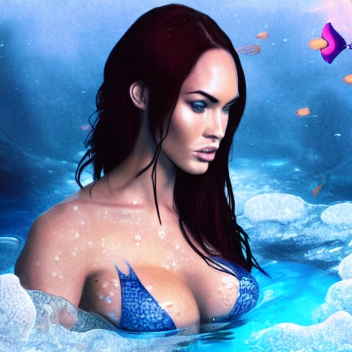 Megan Fox as a sirena 🧜‍♀️, swimming under water. high definition, ((Simetric face)) , ultra realistic, hyperrealism, focus camera, fog camera, 8k, wallpaper, HDR. 