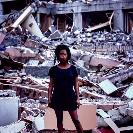 half Black and Asian girl looking sad standing in the rubble of a destroyed city 35mm image


