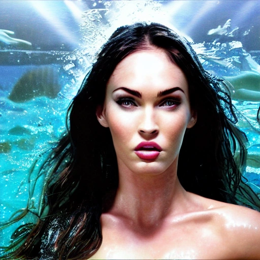 Megan Fox as a sirena 🧜‍♀️, swimming under water. high definition, ((Simetric face)) , ultra realistic, hyperrealism, focus camera, fog camera, 8k, wallpaper, HDR. 