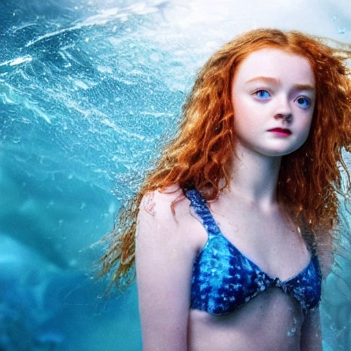 Sadie Sink as a sirena 🧜‍♀️, swimming under water. high definition, ((Simetric face)) , ultra realistic, hyperrealism, focus camera, fog camera, 8k, wallpaper, HDR. 