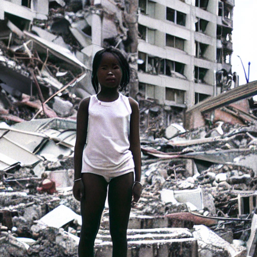 half Black and Asian girl looking sad standing in the rubble of a destroyed city 35mm image


