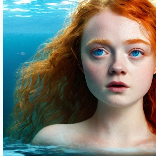 Sadie Sink as a sirena 🧜‍♀️, swimming under water. high definition, ((Simetric face)) , ultra realistic, hyperrealism, focus camera, fog camera, 8k, wallpaper, HDR. 