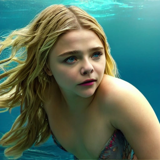 Chloe Moretz as a sirena 🧜‍♀️, swimming under water. high definition, ((Simetric face)) , ultra realistic, hyperrealism, focus camera, fog camera, 8k, wallpaper, HDR. 