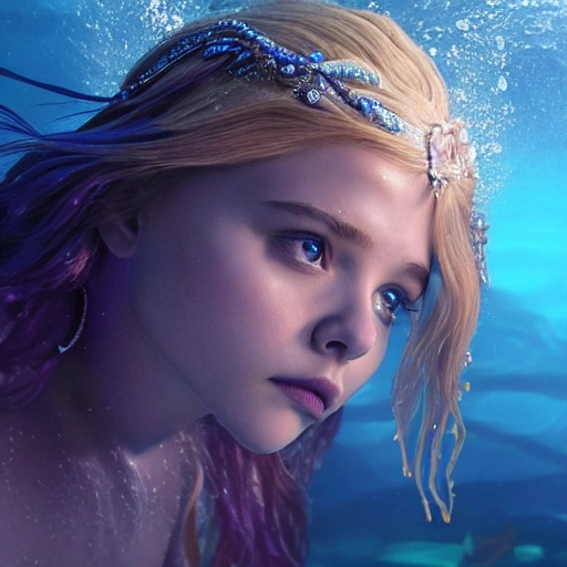 Chloe Moretz as a sirena 🧜‍♀️, swimming under water. high definition, ((Simetric face)) , ultra realistic, hyperrealism, focus camera, fog camera, 8k, wallpaper, HDR. 