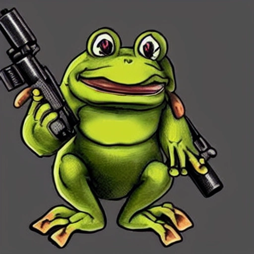 Anthropomorphic muscular angry Frog holding a machine gun.