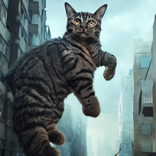 (((A Huge gigantic mutant cat that measures three meters high, in the middle of a street ravaged by the apocalypse sitting on top of some buildings))), photorealistic, perfect details, perfect composition, beautiful detailed intricate insanely detailed octane render trending on artstation, action pose, 8 k artistic photography, photorealistic concept art, soft natural volumetric cinematic perfect light, chiaroscuro, award - winning photograph, masterpiece, oil on canvas, raphael, caravaggio, greg rutkowski, beeple, beksinski, giger, moody lighting, 8 k resolution, octane render, trending on artstation, by h. r. giger and greg rutkowski, haze, ultra-detailed, film photography, light leaks, Larry Bud Melman, trending on artstation, sharp focus, studio photo, intricate details, highly detailed, by greg rutkowski, Nikon D3100 | ISO 450 | focal length 50 mm (Sigma 50mm f1.5) | aperture f/4 | exposure time 1/250 Sec (DRI), Trippy